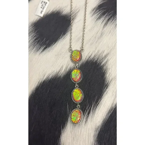 Native American Sterling Silver Pink Fire Opal 4 Stone Lariat Dangle Necklace - Picture 3 of 9